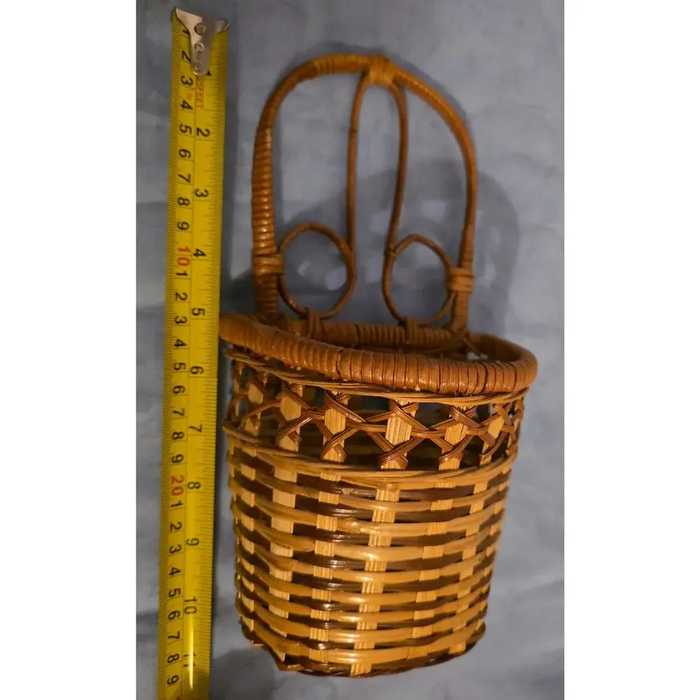 Vintage Wicker Basket Tall Handle Decorative Rattan Boho Cottagecore 10
